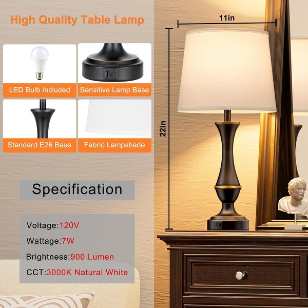 Touch Lamps for Bedrooms Set of 2 Nightstand Table Lamp with USB C A 3 Way Dimmable Bedside Lamps for Living Room Set of 2 White